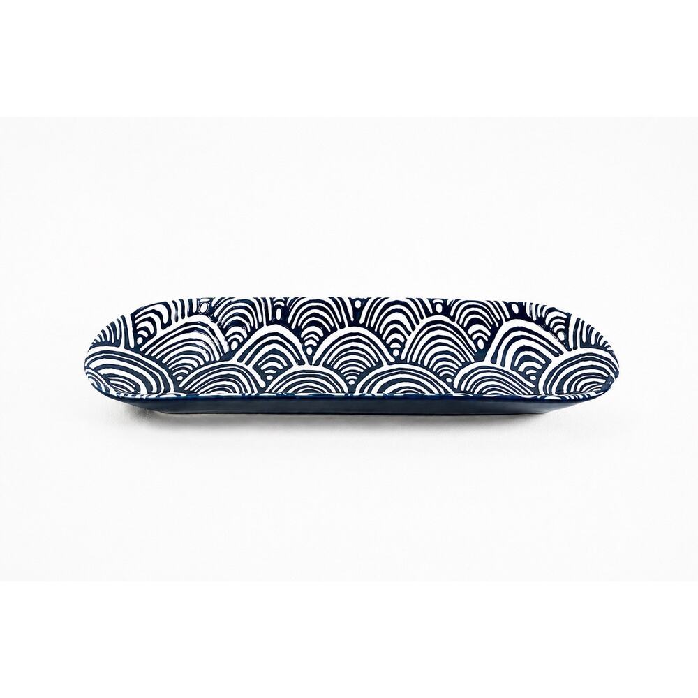 Short Stories Blue White Ceramic Serving Tray Platter Seigaiha Wave Pattern 14”